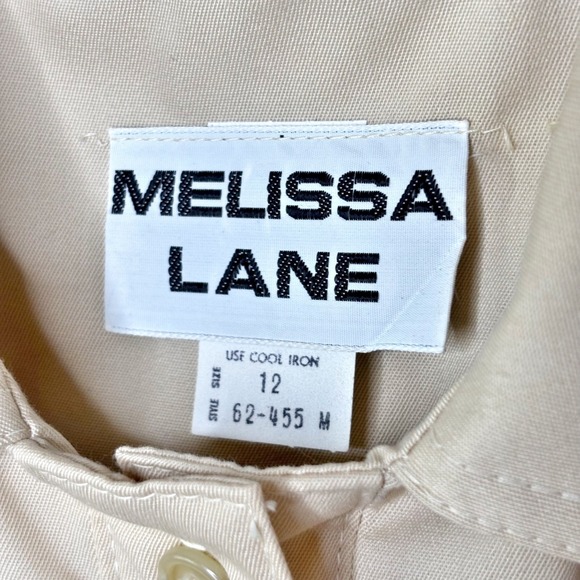 60s Melissa Lane Vintage Shirt Dress Size L‎ Beige Drawstring Waist Puff Sleeve - Picture 10 of 12